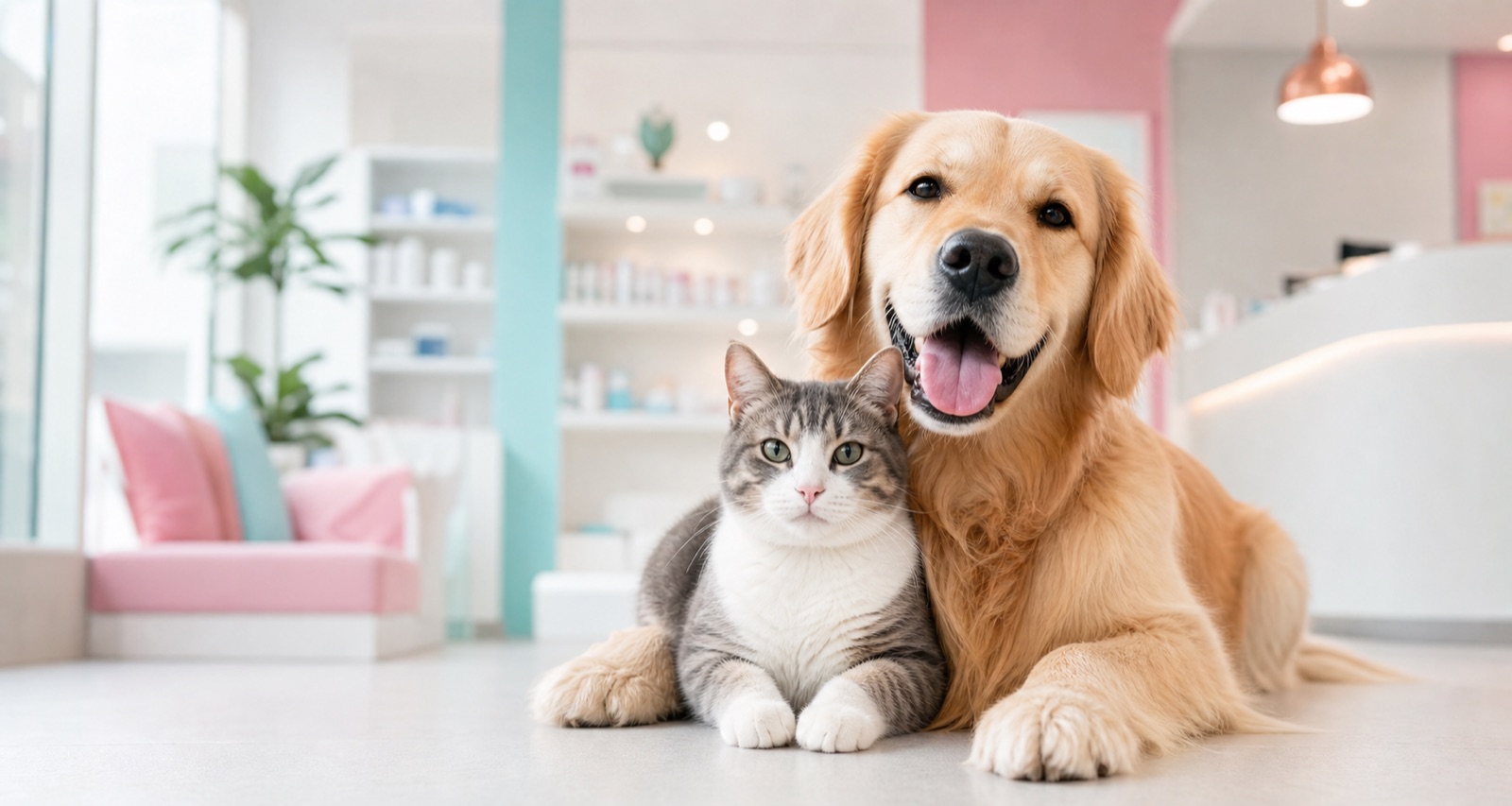 Cachorro e gato felizes em clínica veterinária moderna